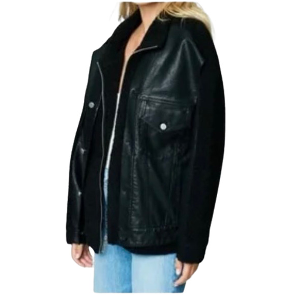 Blank NYC Black Faux Leather an Sherpa Combo Jacket Oversize Zip Up Size S  NWT - Picture 7 of 8